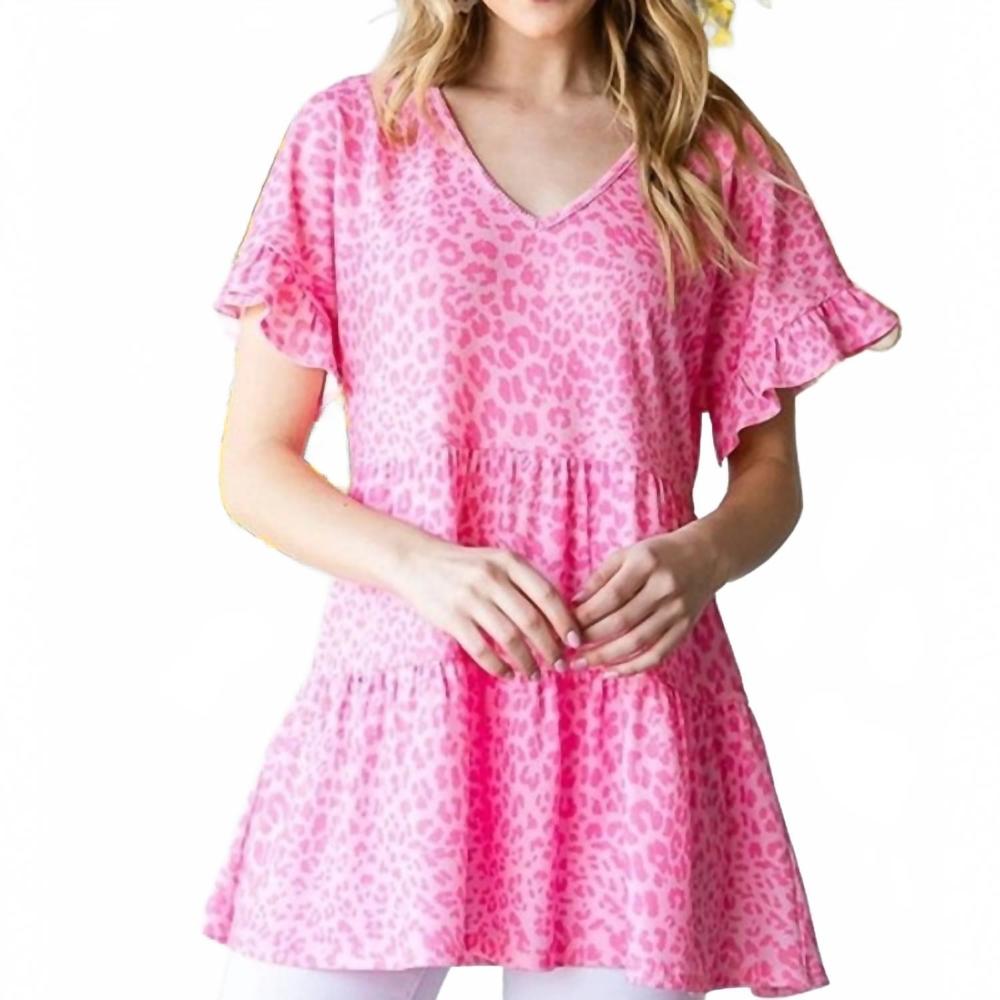 NEW HEIMISH USA leopard tiered short sleeve top in pink - Picture 2 of 6